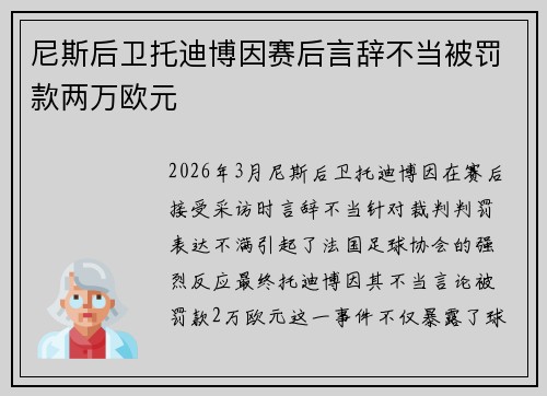 尼斯后卫托迪博因赛后言辞不当被罚款两万欧元